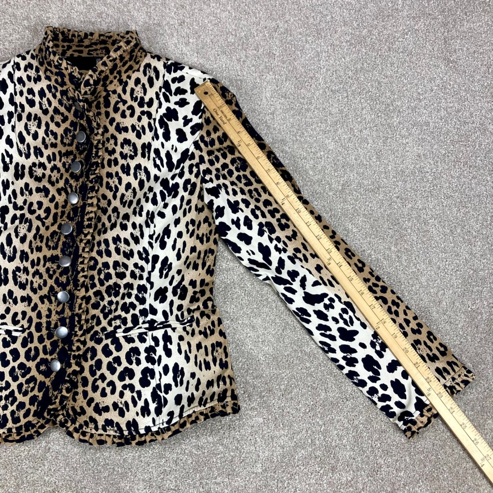 Peck & Peck Leopard Print Blazer Women Sz 10 Tan Black Ruffle Trim Edgy Mob Wife - Picture 9 of 15